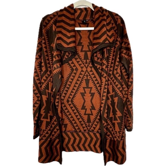 VIP‎ Burnt Orange Aztec Patterned Open Wool Blend Cardigan Size Small - Picture 1 of 4
